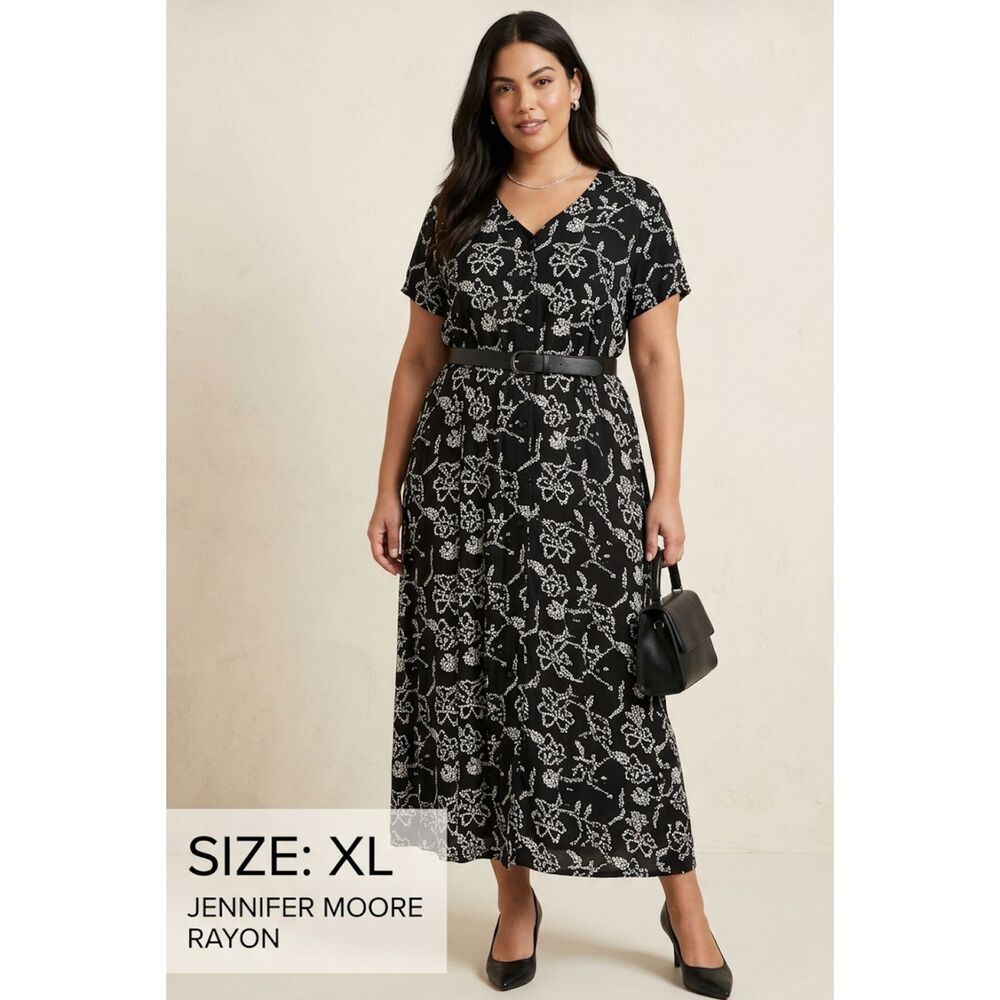 Jennifer Moore, Women's Dress size XL black-and-white cap sleeves button front